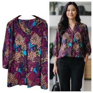 Catherines Black Label 2X 3X 22 24 Top Tunic Shirt Animal Print Vibrant Silky